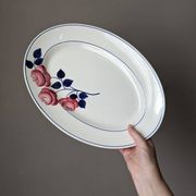 Antique oval ceramic dish with hand-painted floral decoration, country decor