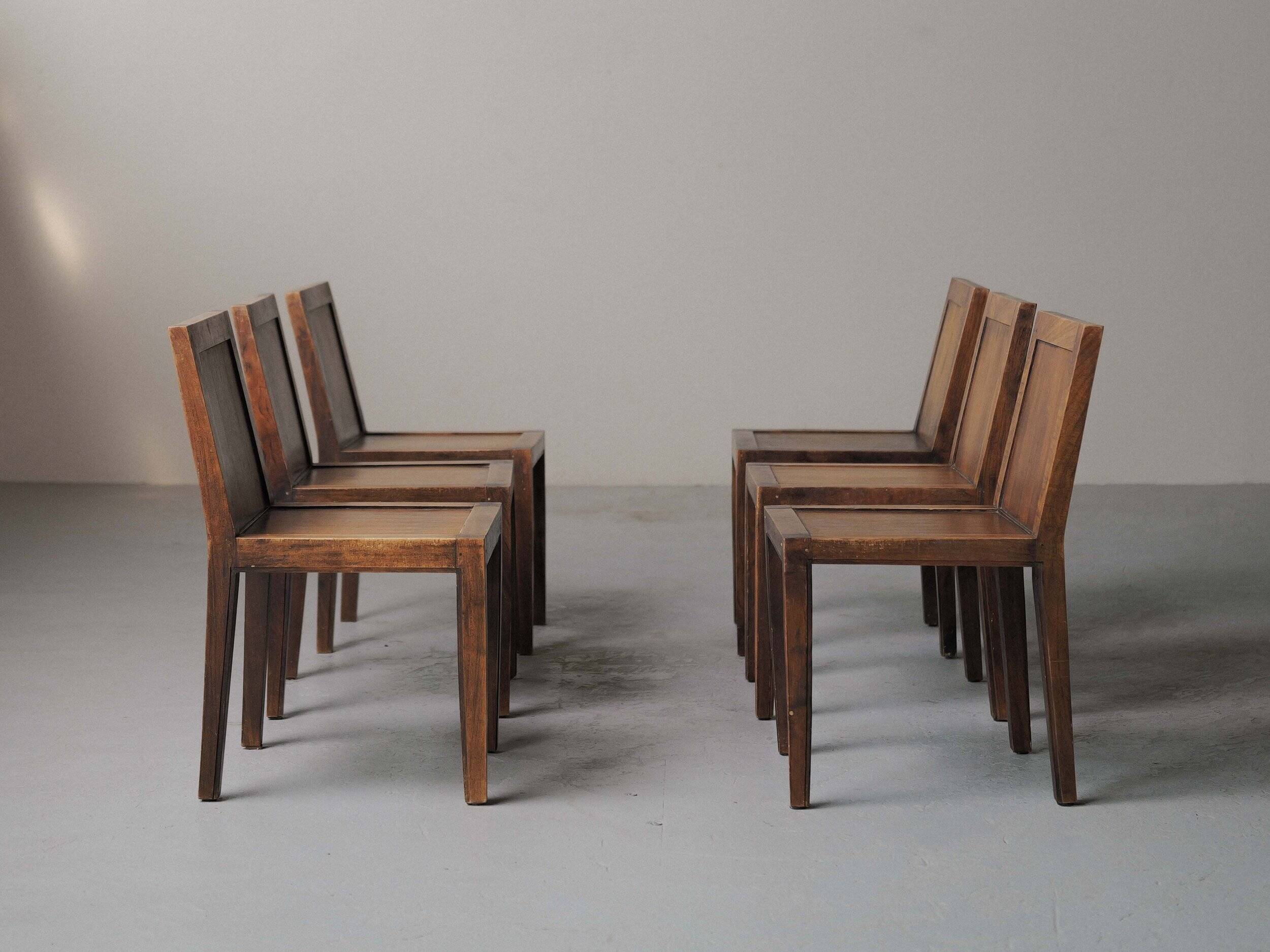 Set of 6 handcrafted oak chairs, France, circa 1970.