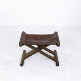 Vintage x-base oak and saddle leather folding safari stool Hungary, 1970