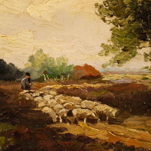 Paysage peint avec berger et mouton