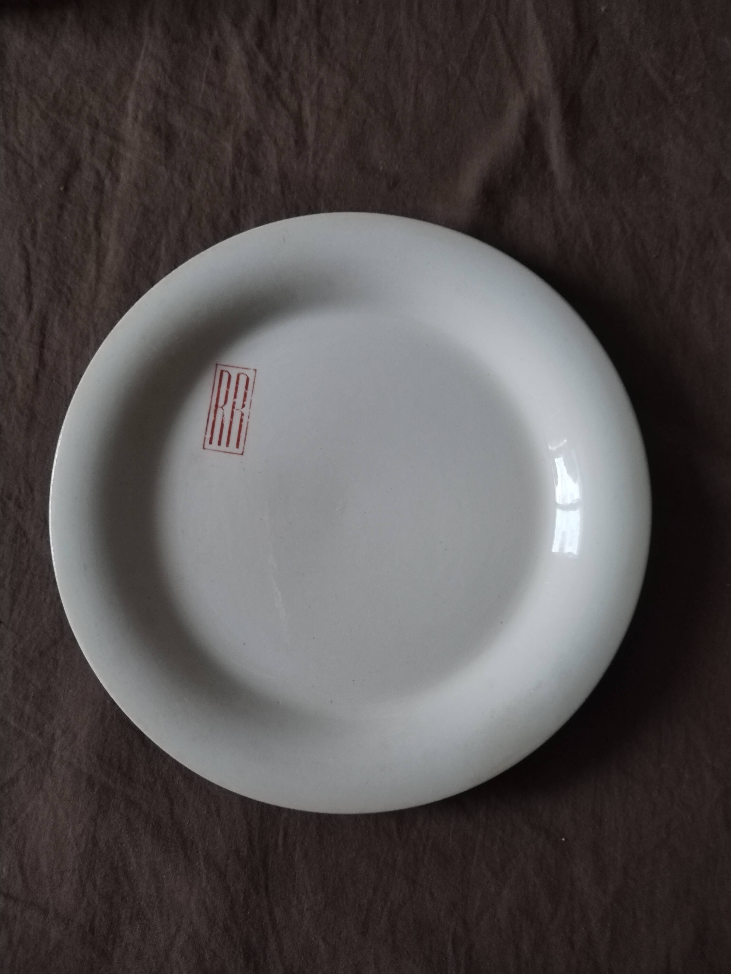 8 Longwy earthenware hotel plates 19th century initials RR