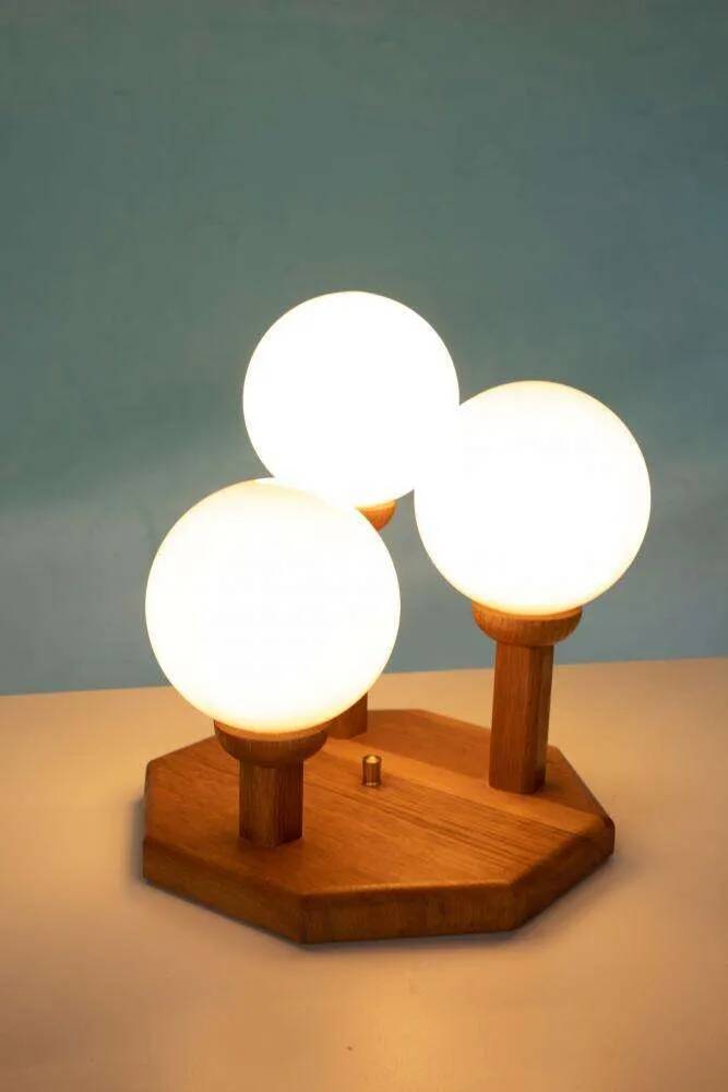 Bohemian glass ball table lamp from the 70s, wood & glass