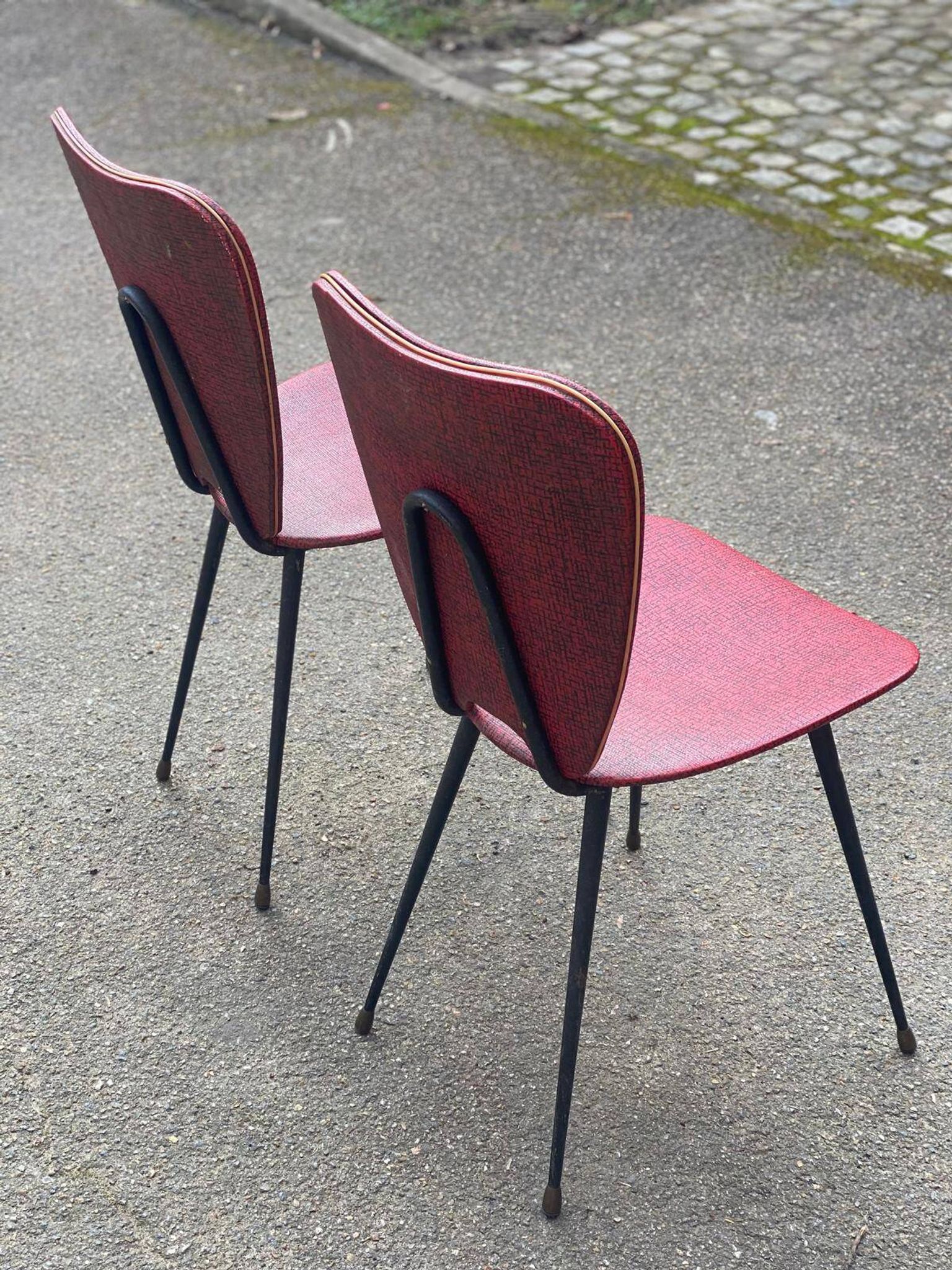 2 petal chairs in burgundy red skai leather and black metal 1950 Sery