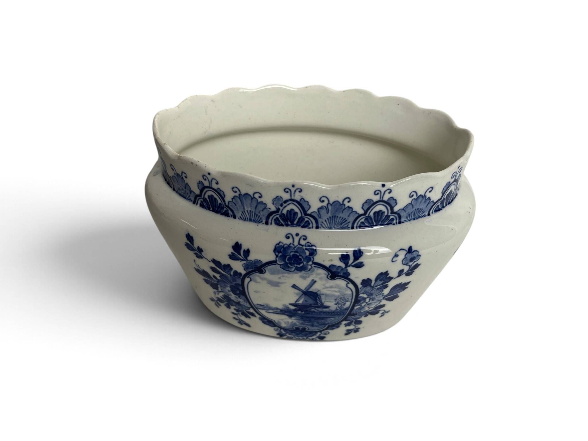 Delft, decorative pot planter with boat and windmill design from the early 20th century.