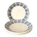 set of 4 dessert plates, blue and gray geometric pattern