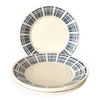 set of 4 dessert plates, blue and gray geometric pattern