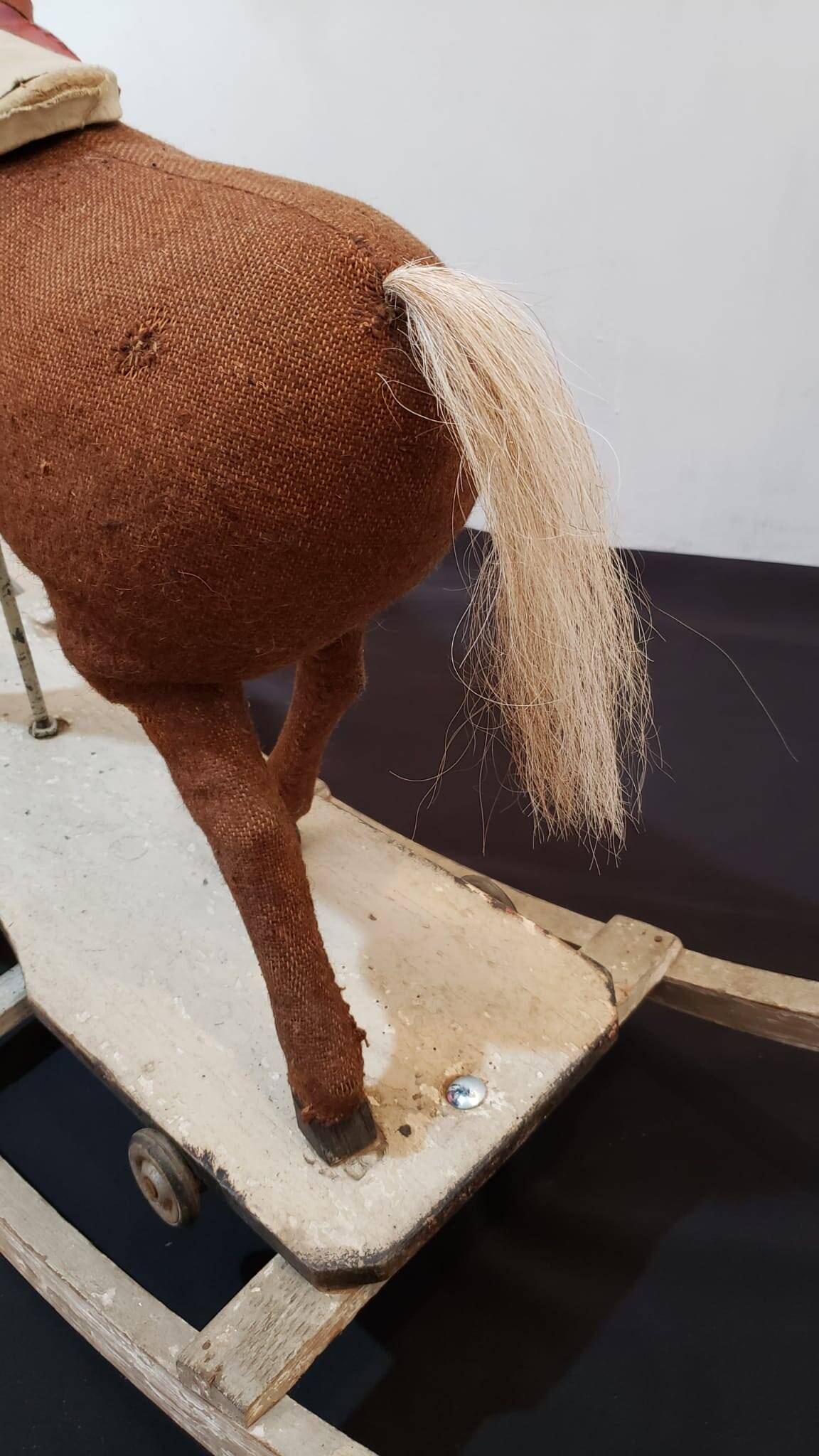Rocking horse made of wood, fabric and natural horsehair, 1940-1950