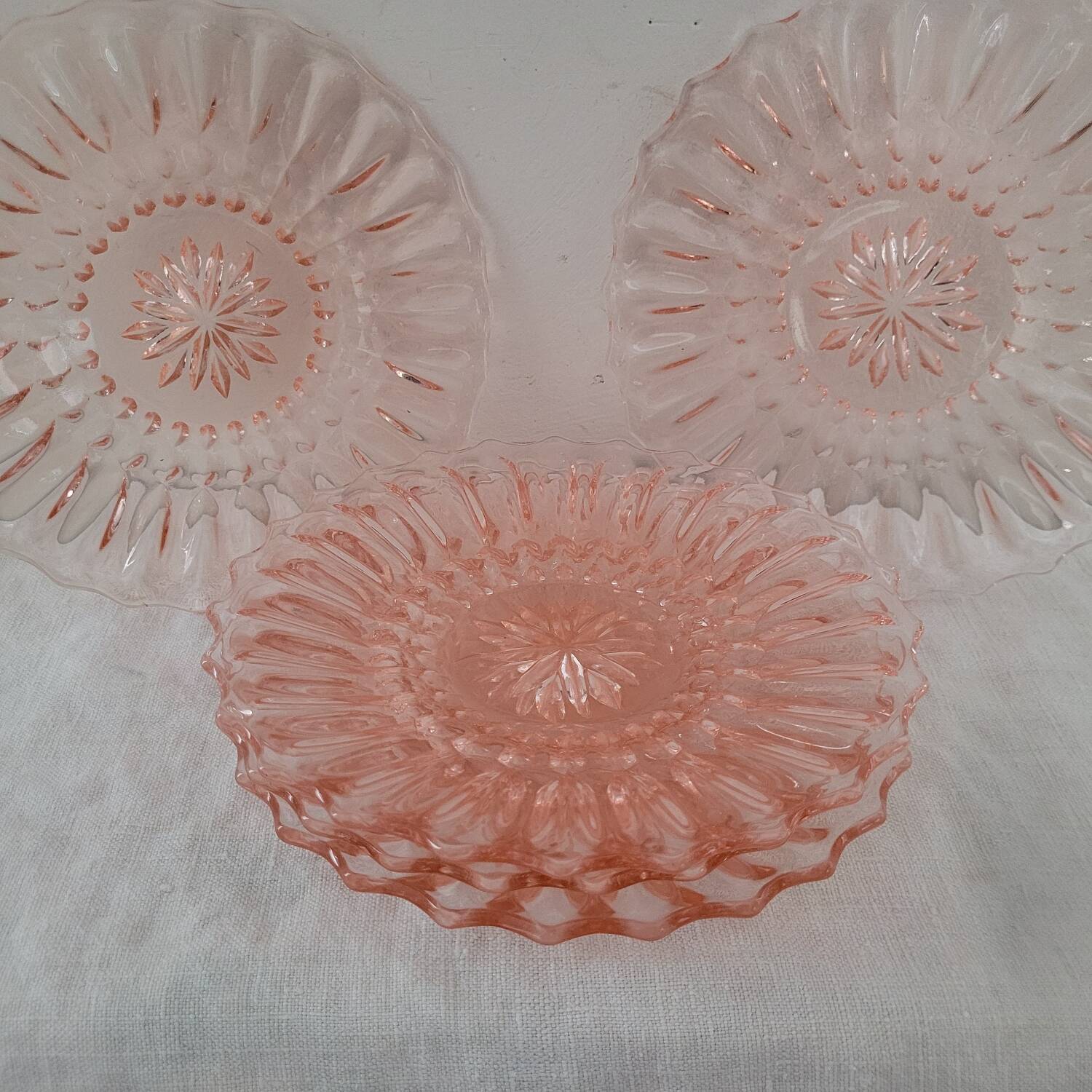 Art Deco Pressed Glass Dessert Plates in Pink — Circa 1930