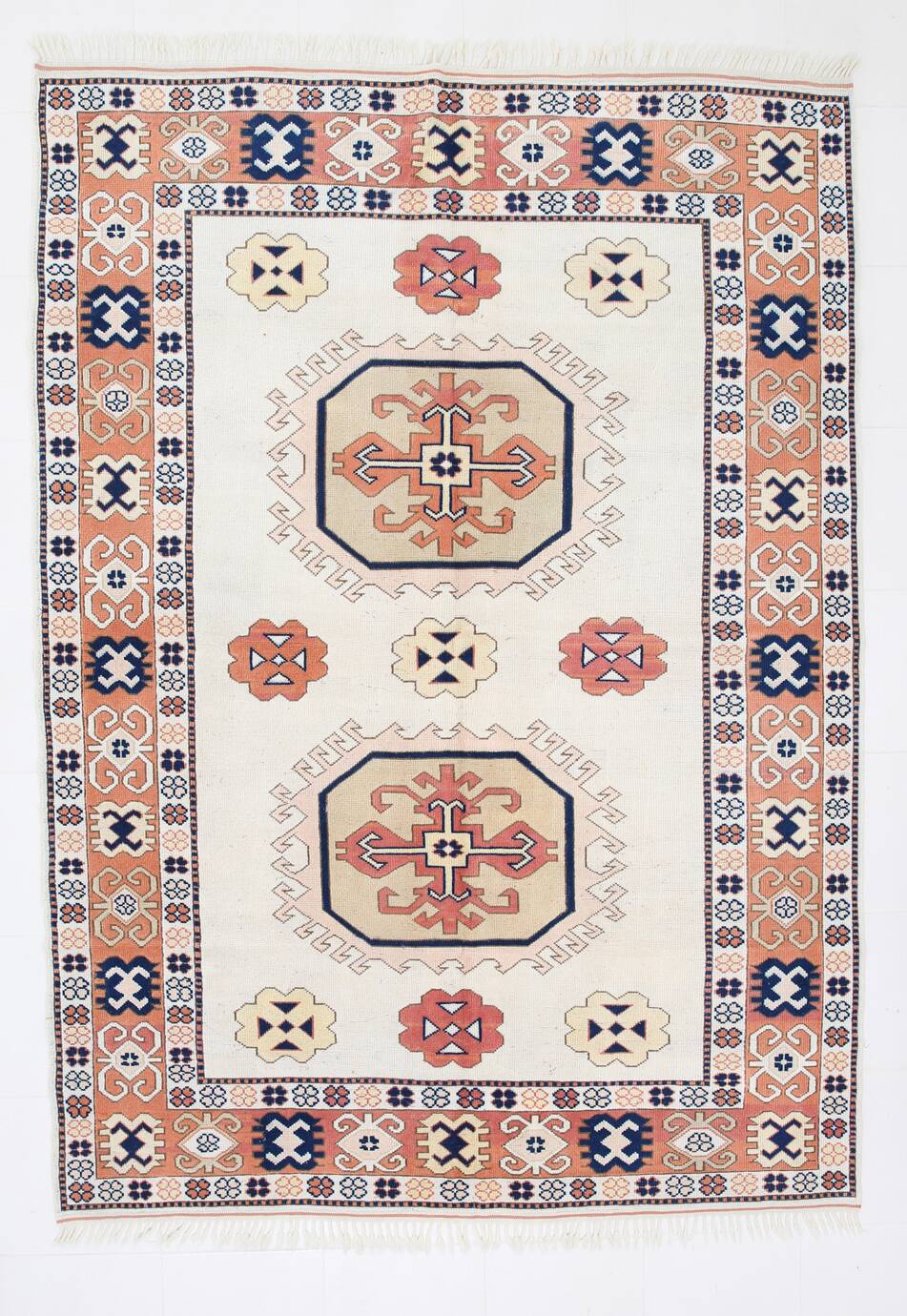 Beige & Pumpkin Orange Antique Vintage Rug Made in Anatolian, 202x284 Cm
