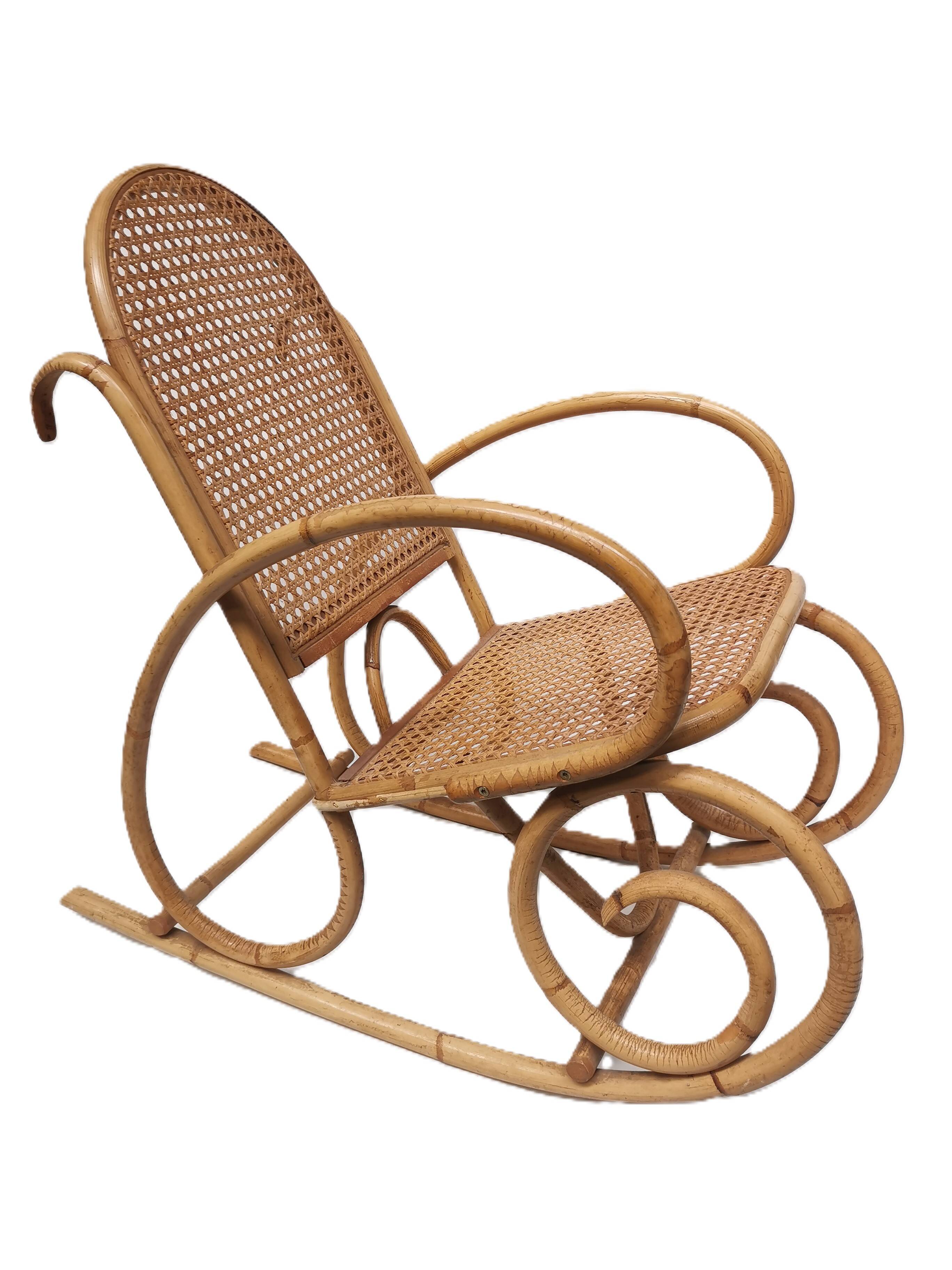 Vintage rocking chair child in rattan, canework