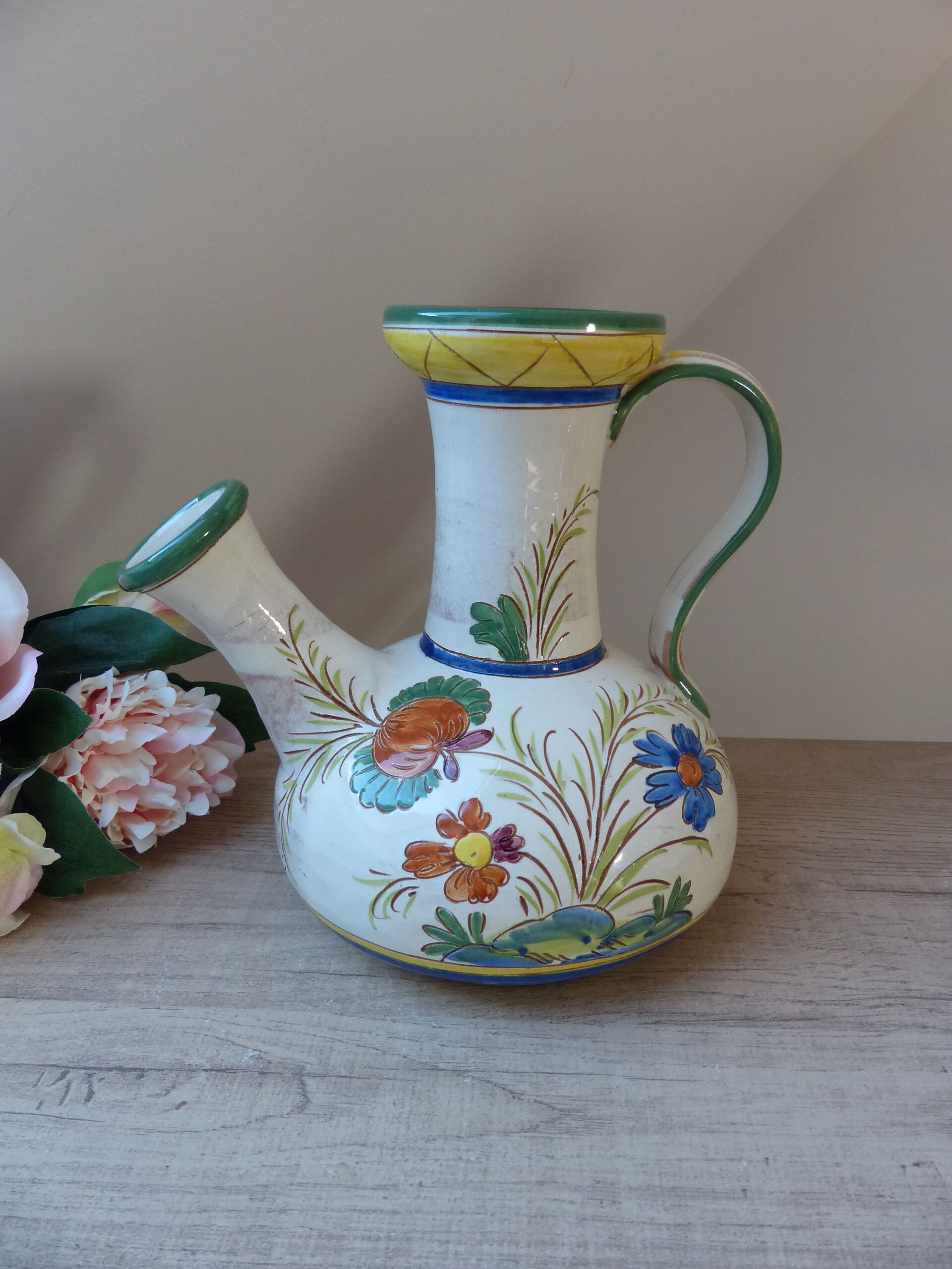 Pitcher carafe chevrette in terracotta enamelled with flowers italian crafts numbered