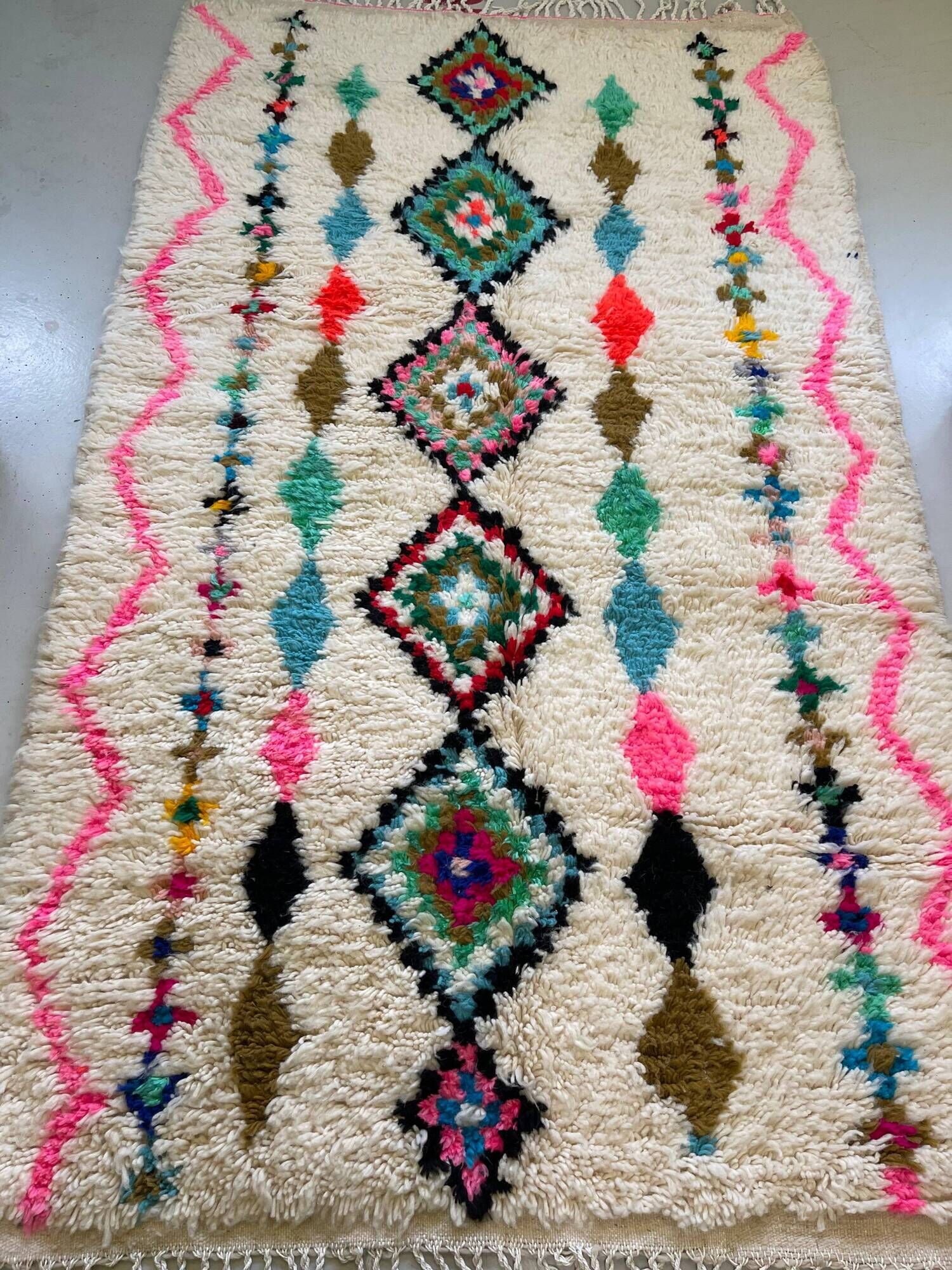 Moroccan Berber rug in ecru with multicoloured diamonds and bright pink – 240 × 139