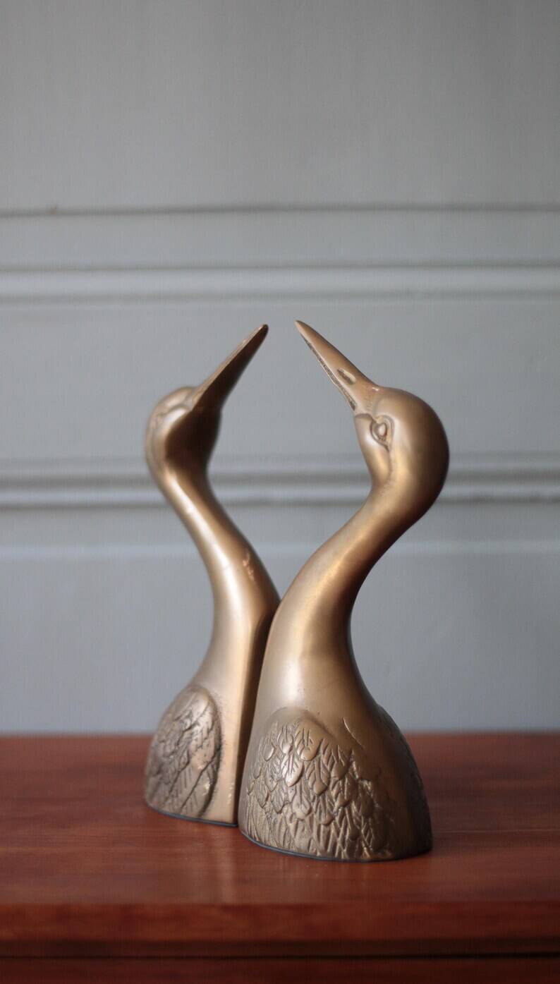 Vintage bookends, animal bookends, heron head, bird, brass sculpture, interior decor.