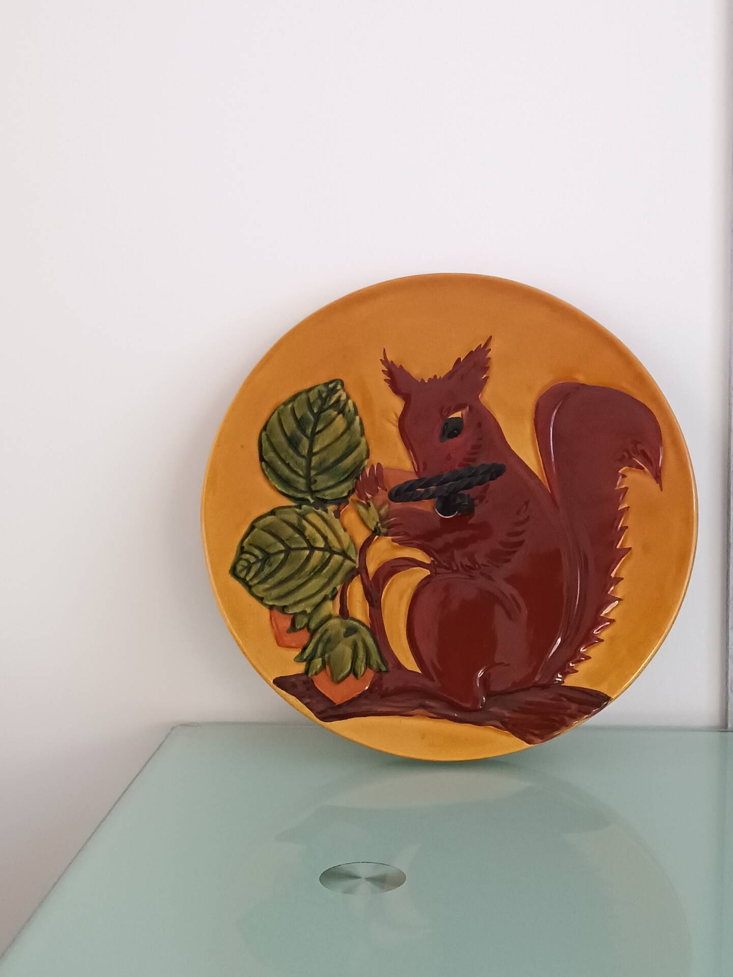 Cheese platter in Vallauris faience, squirrel decoration – 1960s-70s