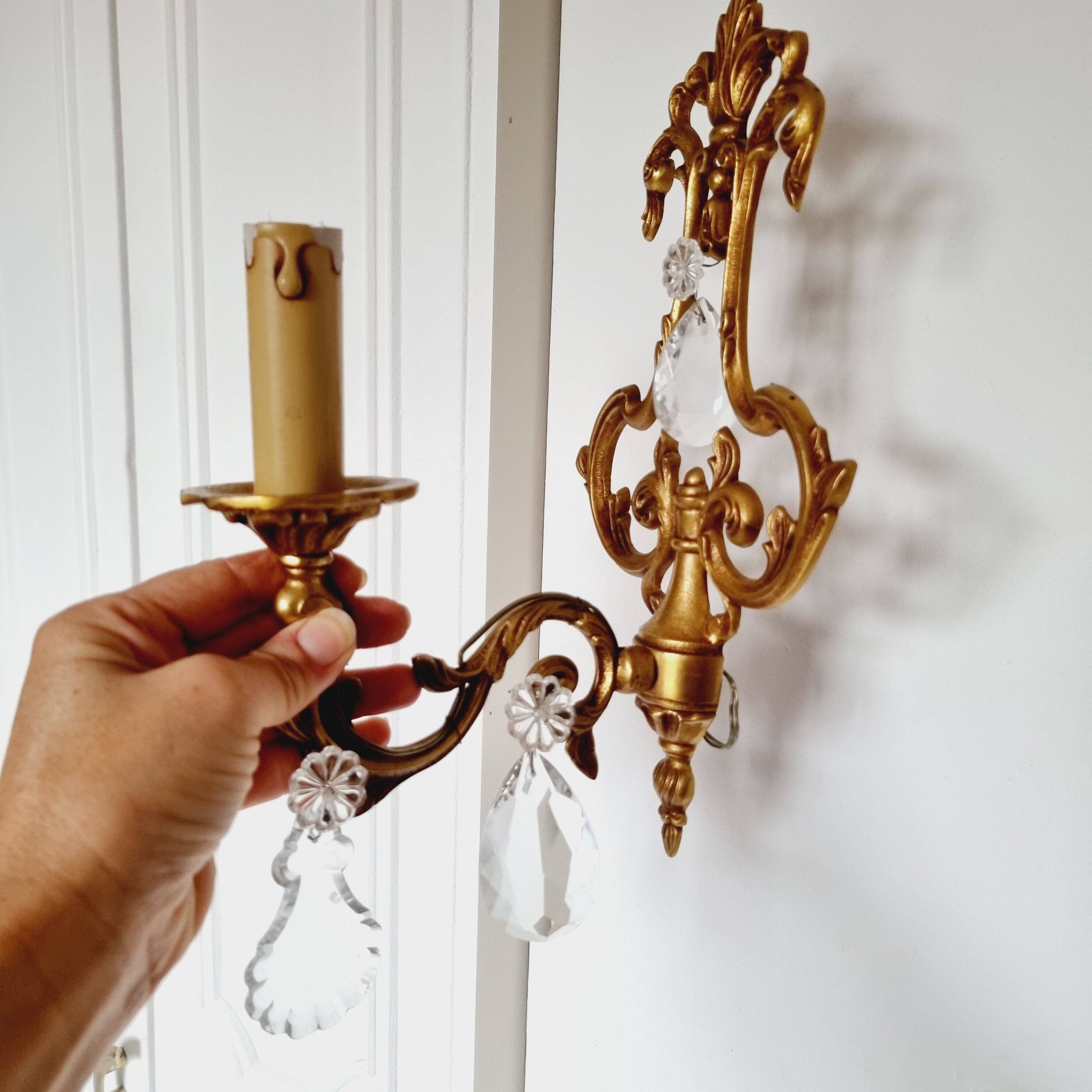 2 antique bronze and rock crystal candles and one light sconces in classic style