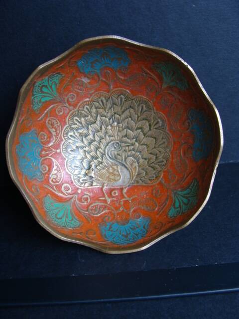 Peacock enameled brass bowl