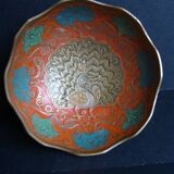 Peacock enameled brass bowl