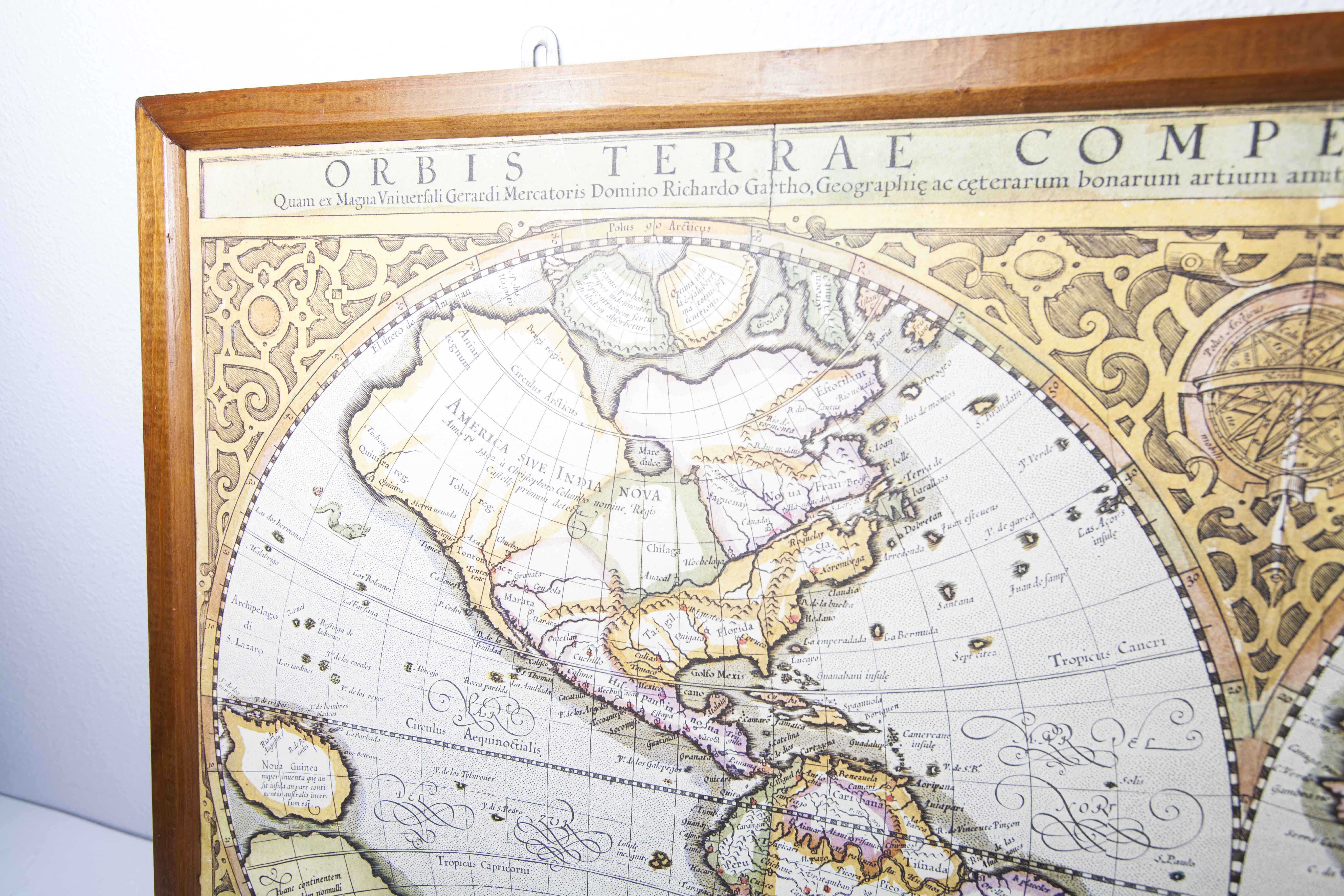Frame and map "Orbis terrae compendiosa descriptio", Reproduction of an engraving Gérard Mercator