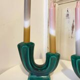 Pair of Art Deco Double Candlesticks in Emerald Green Ceramic - 1950s Vallauris Style