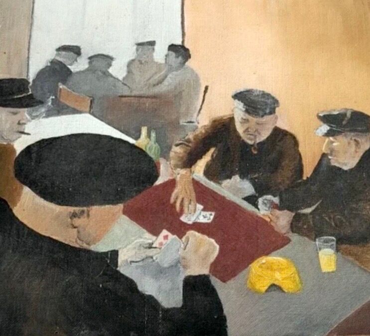 Oil on canvas under glass, "The Players" 1950