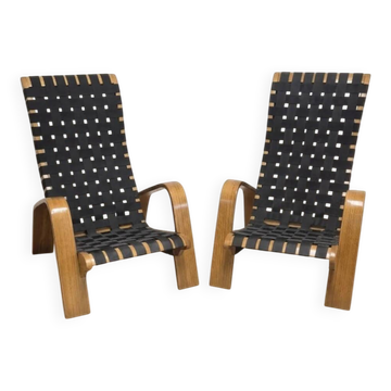 Paire de fauteuils en bois tressé de style mid-century, années 1950, Tchécoslovaquie, 68 × 90 × 100 cm
