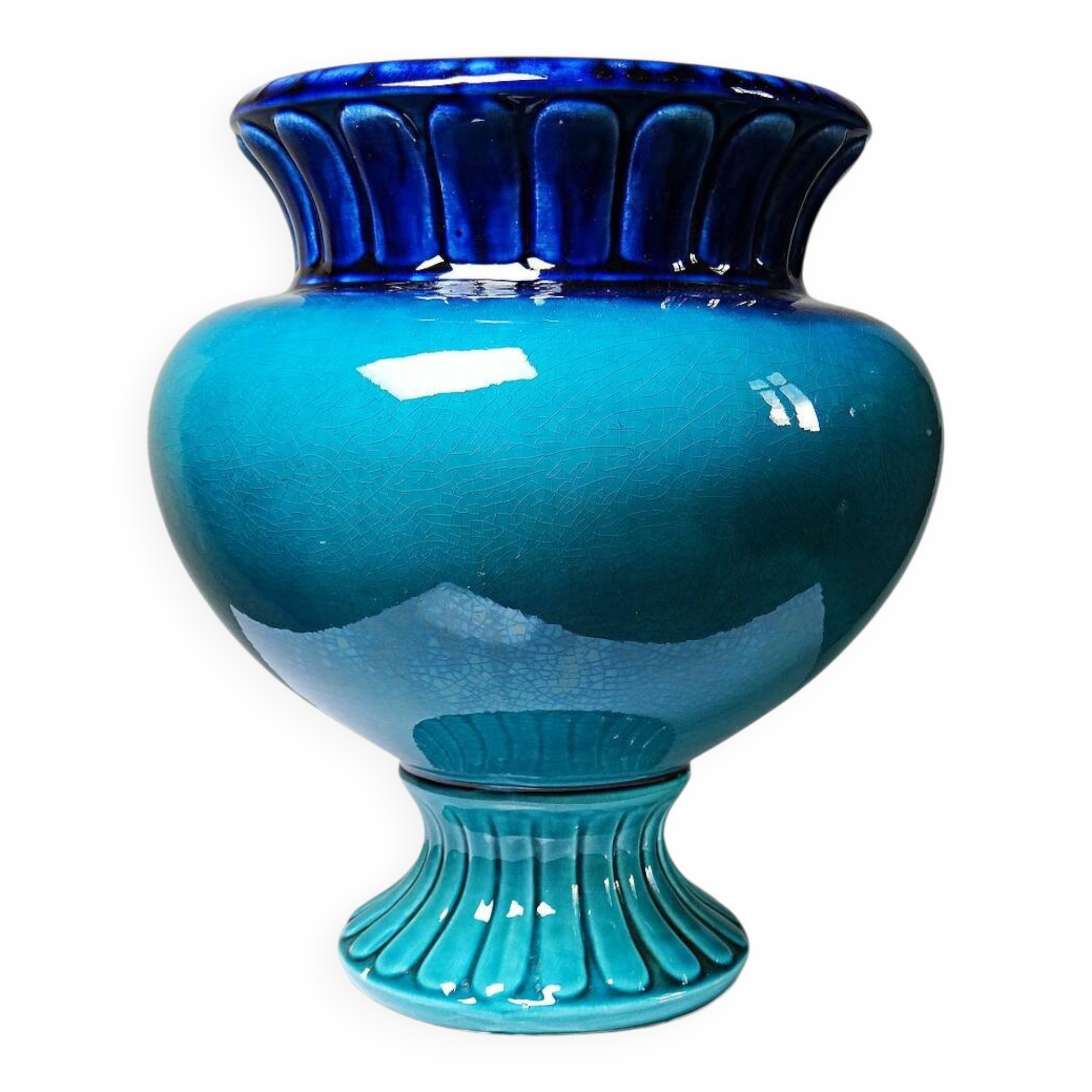 Turquoise & cobalt blue glazed earthenware vase/cache-pot by D. Dinis, 1960s-80s.