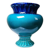 Turquoise & cobalt blue glazed earthenware vase/cache-pot by D. Dinis, 1960s-80s.