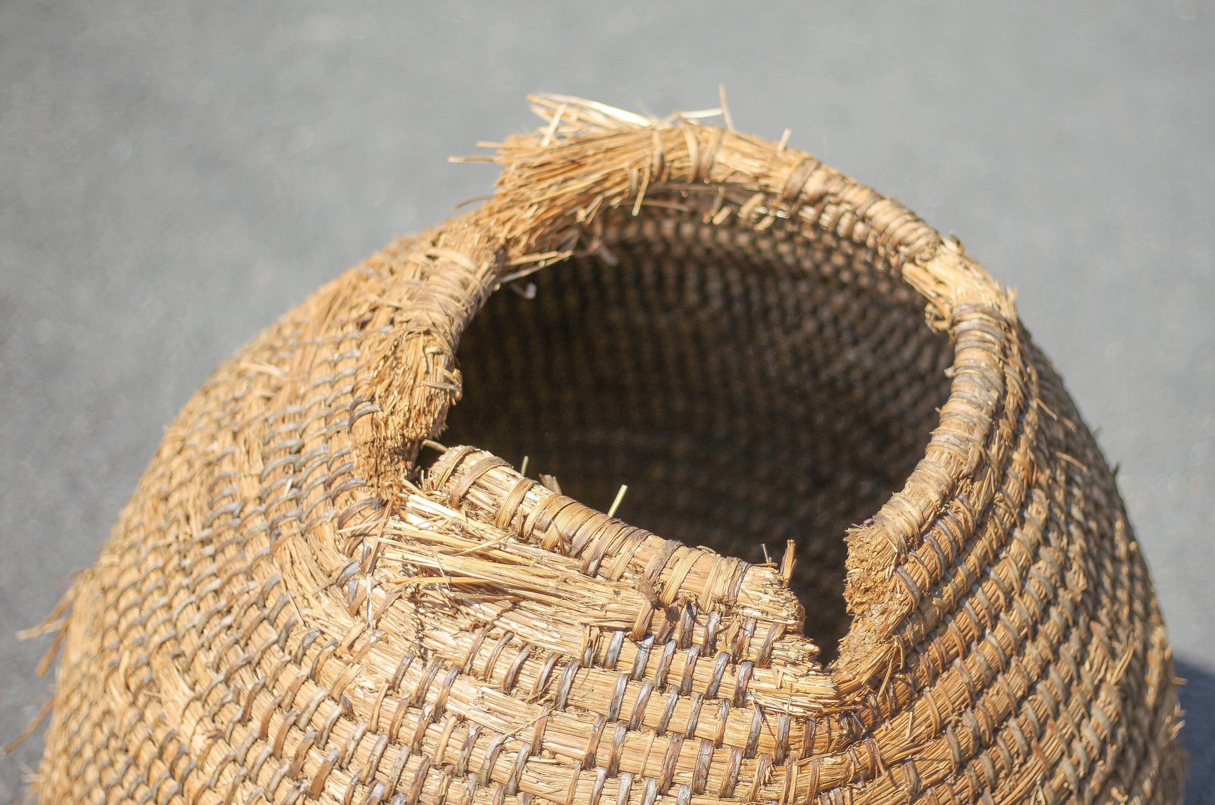 Old basket, burgundy straw and bramble, woven basket, interior decoration