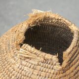 Old basket, burgundy straw and bramble, woven basket, interior decoration