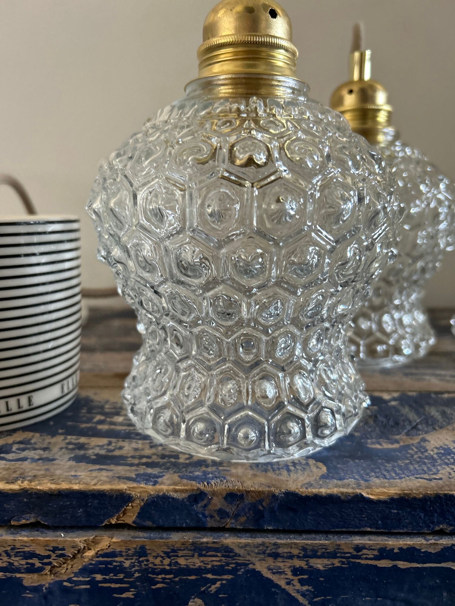 Set of three vintage pendant lamps in chiseled glass