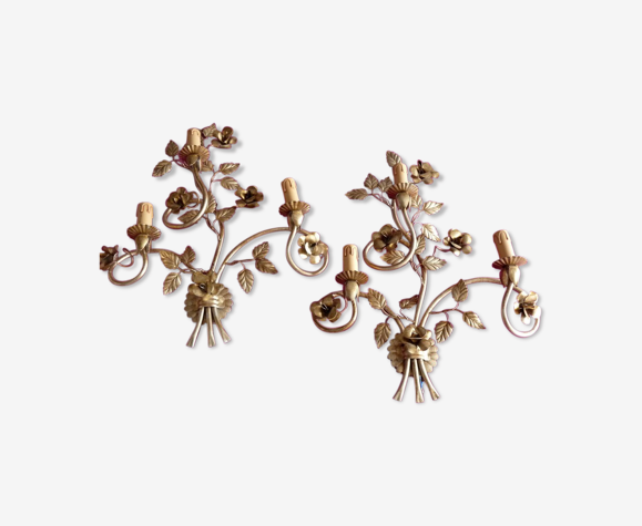 Paire applique métal verni doré feuilles fleurs roses italy
