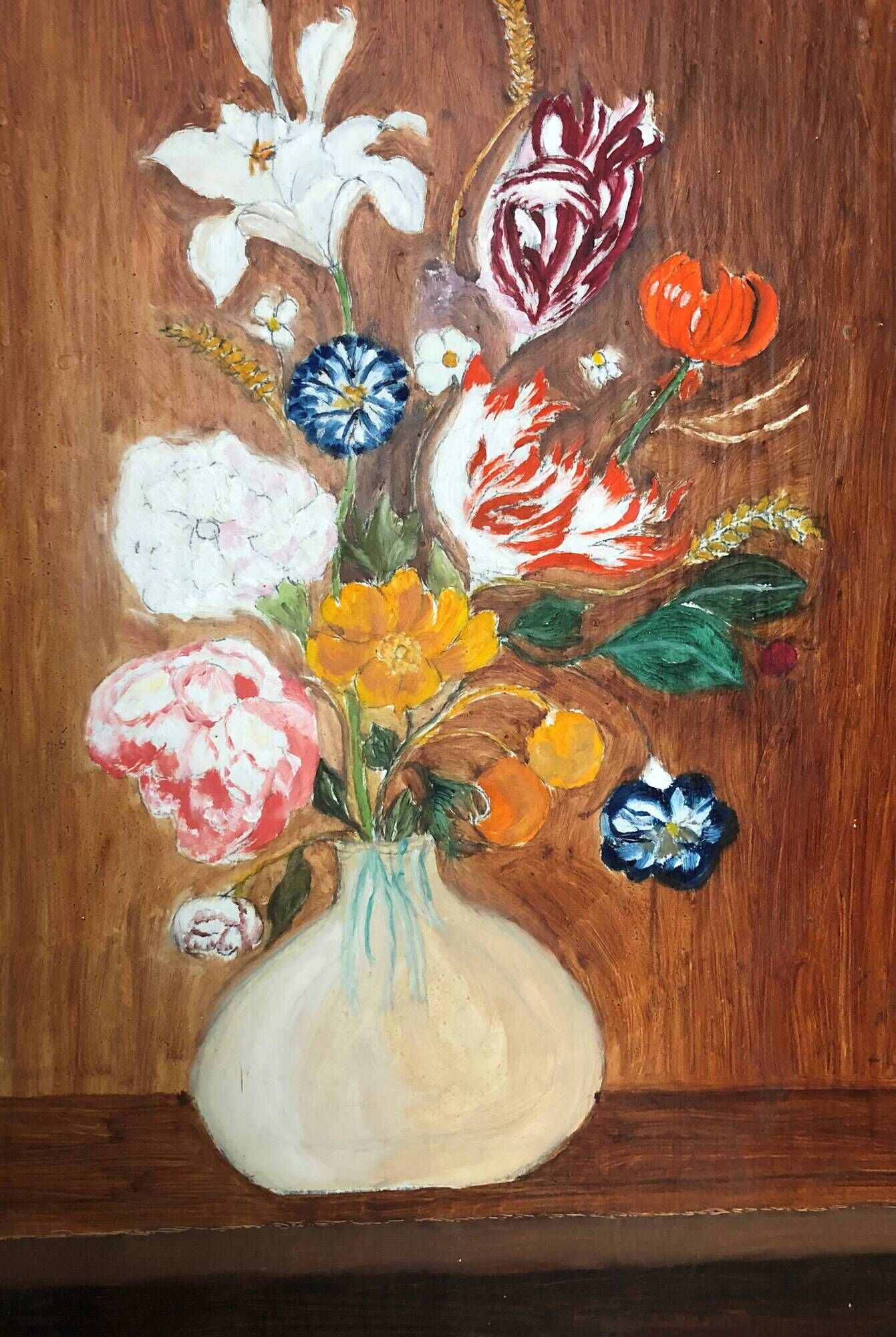 Huile sur panneau, nature morte au bouquet de fleurs