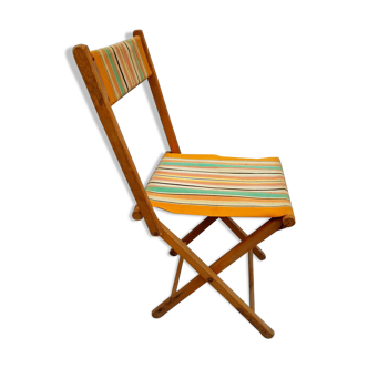 Ancienne chaise pliante de pêcheur en bois et toile bayadère