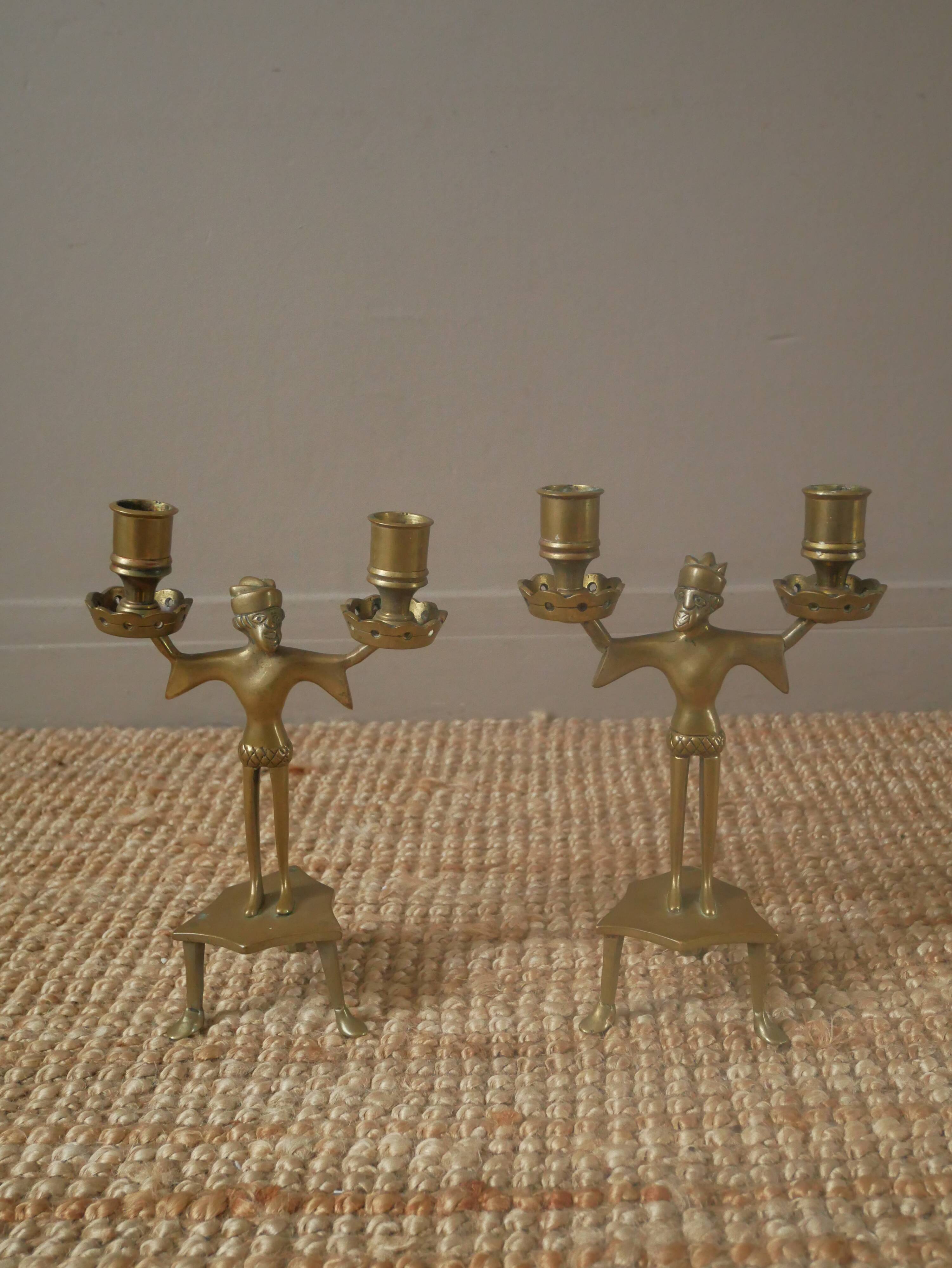 Pair of candlesticks candelabra candle holders brass African art man handcrafted ethnic decoration