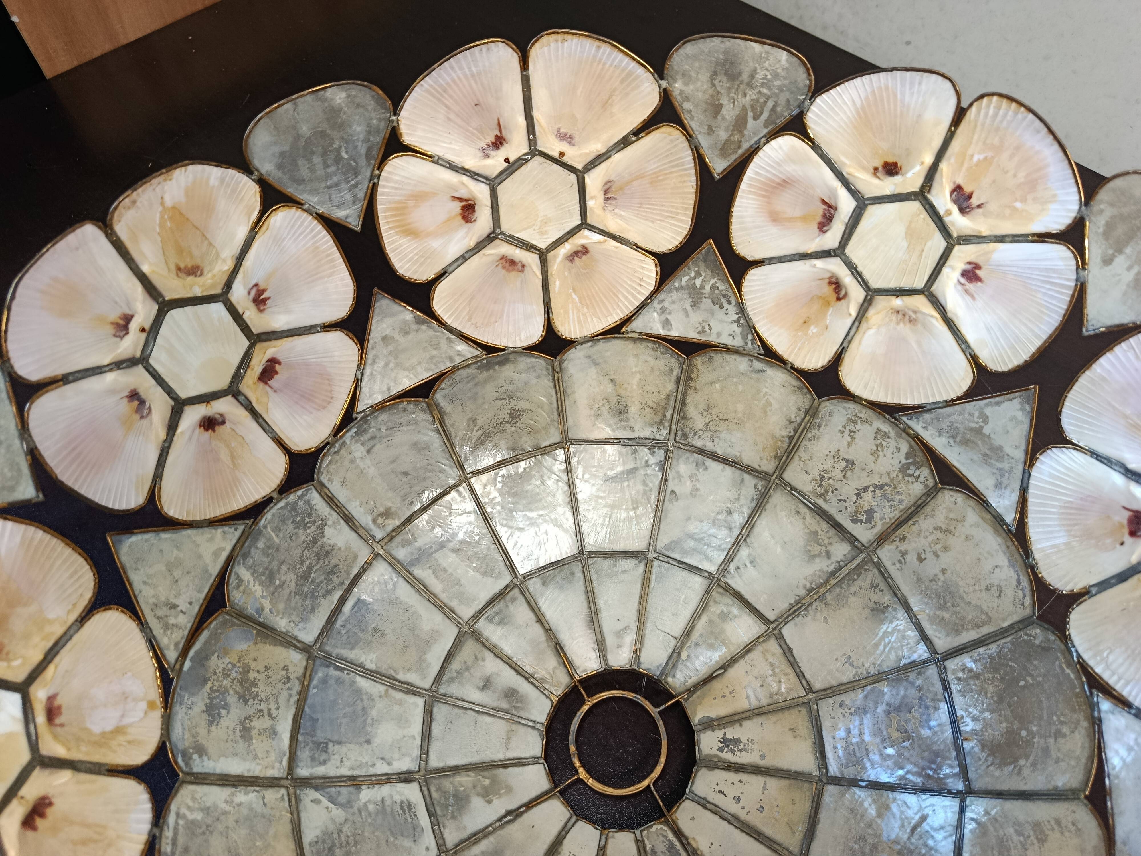 Large Art Deco style chandelier in Capiz shells and brass, 1960s.