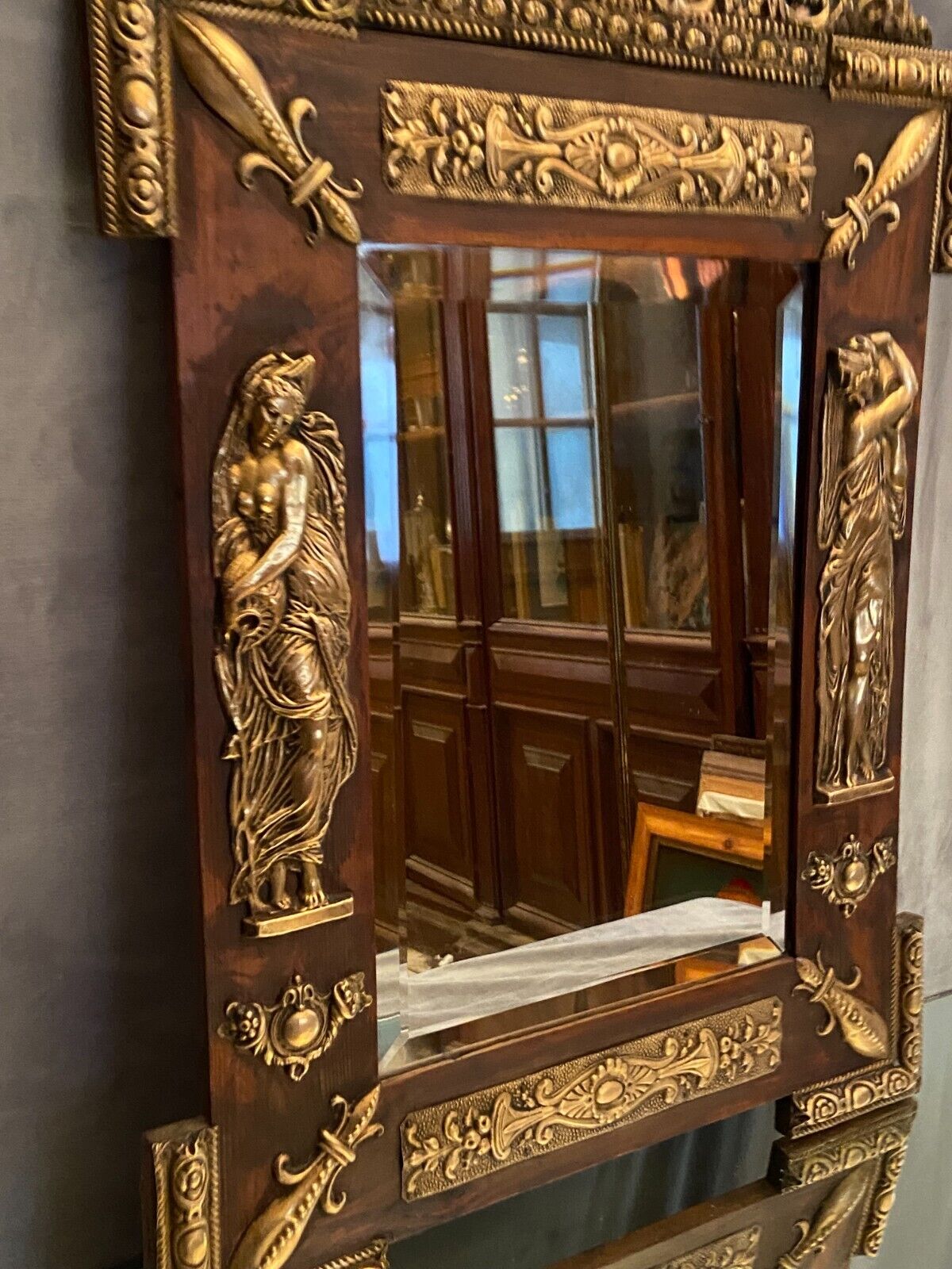 Mirror pediment nineteenth Neo classical decoration antique character brass on wood
