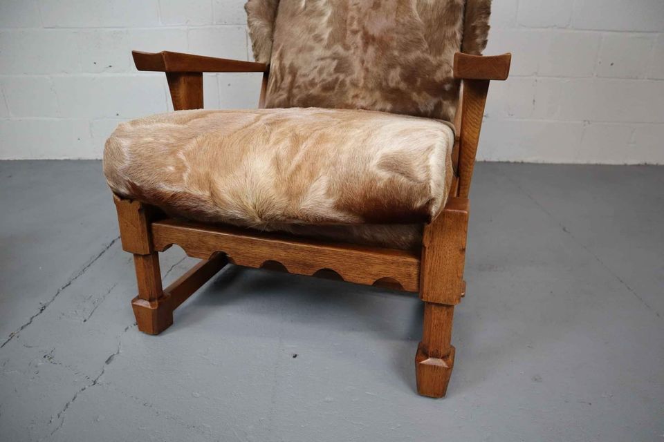 Brutalist oak lounge chair and ottoman