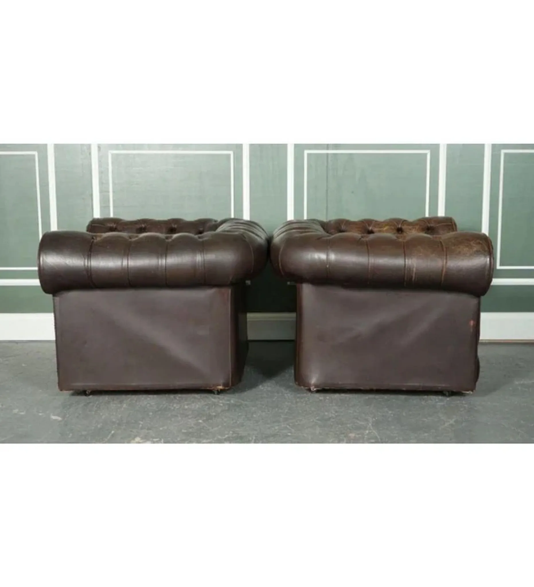 Vintage Brown Leather Chesterfield Club Tub Chairs, Set of 2