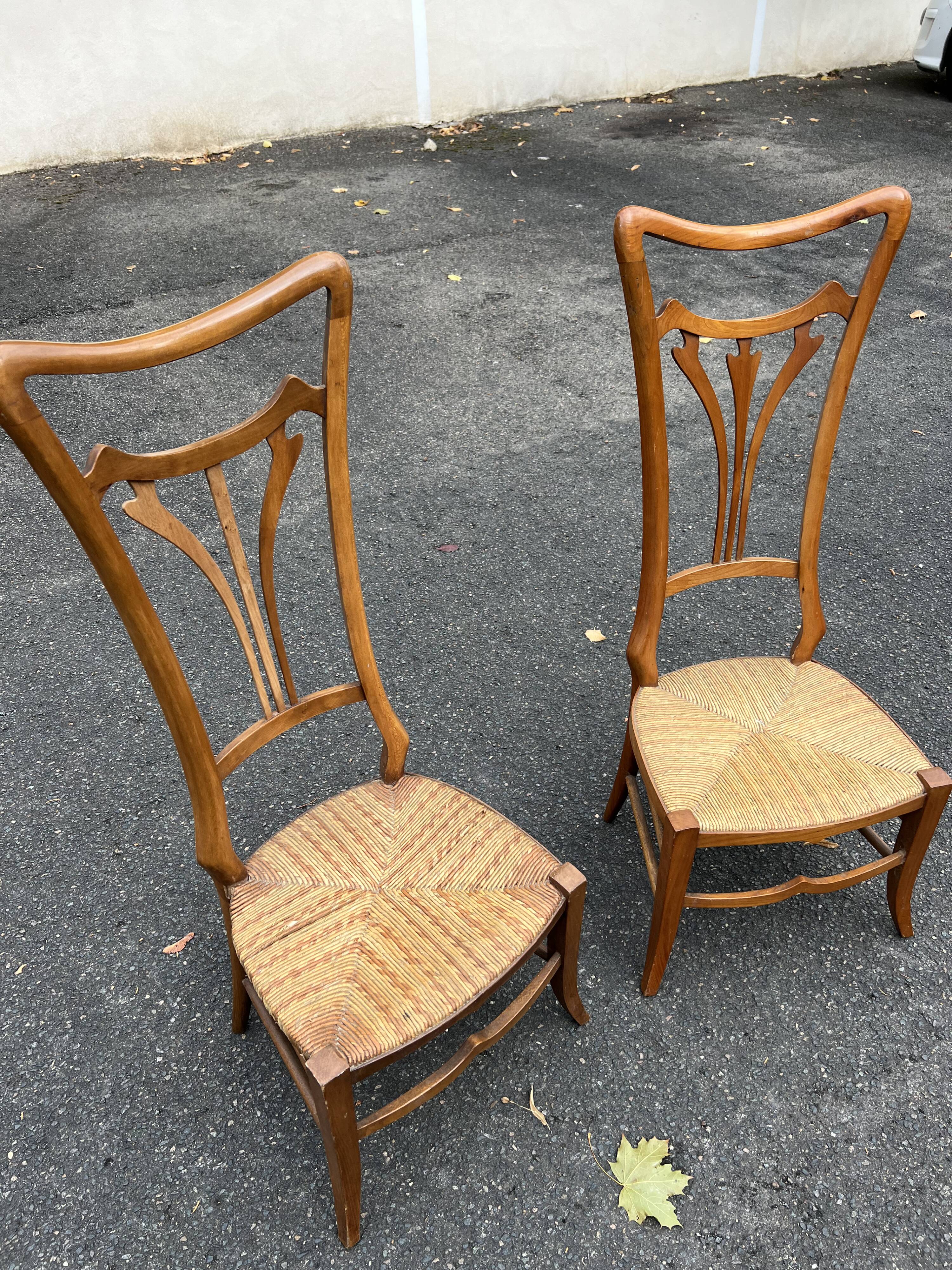 Pair of Vintage Art Nouveau Chairs in Light Wood and Woven Straw Seat