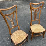 Paire de Chaises Vintage Art Nouveau en Bois Clair et Assise Paille Tressée
