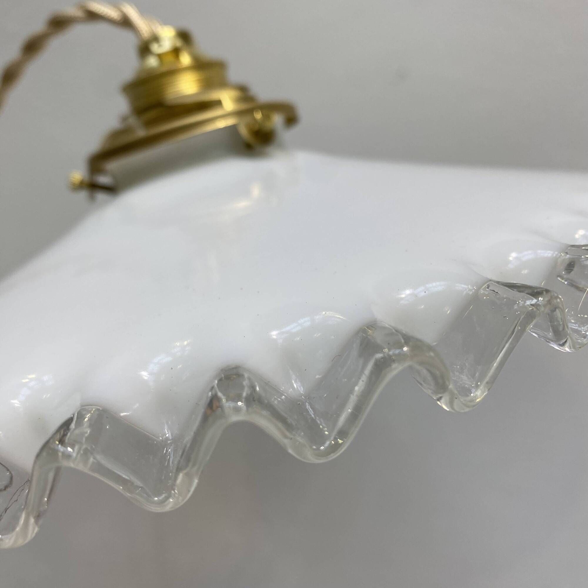 Pair of vintage pendant lights in white opaline and transparent serrated edges