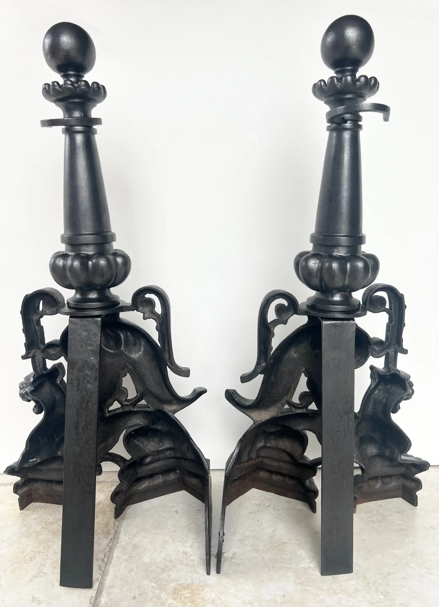 19th-century cast iron fireplace set, bar, andirons & plaque with griffins