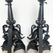 19th-century cast iron fireplace set, bar, andirons & plaque with griffins