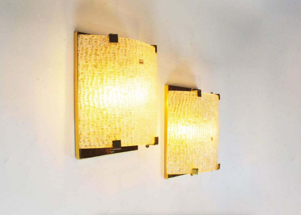 Set of large 1970s Italian brass & Murano glass wall lights