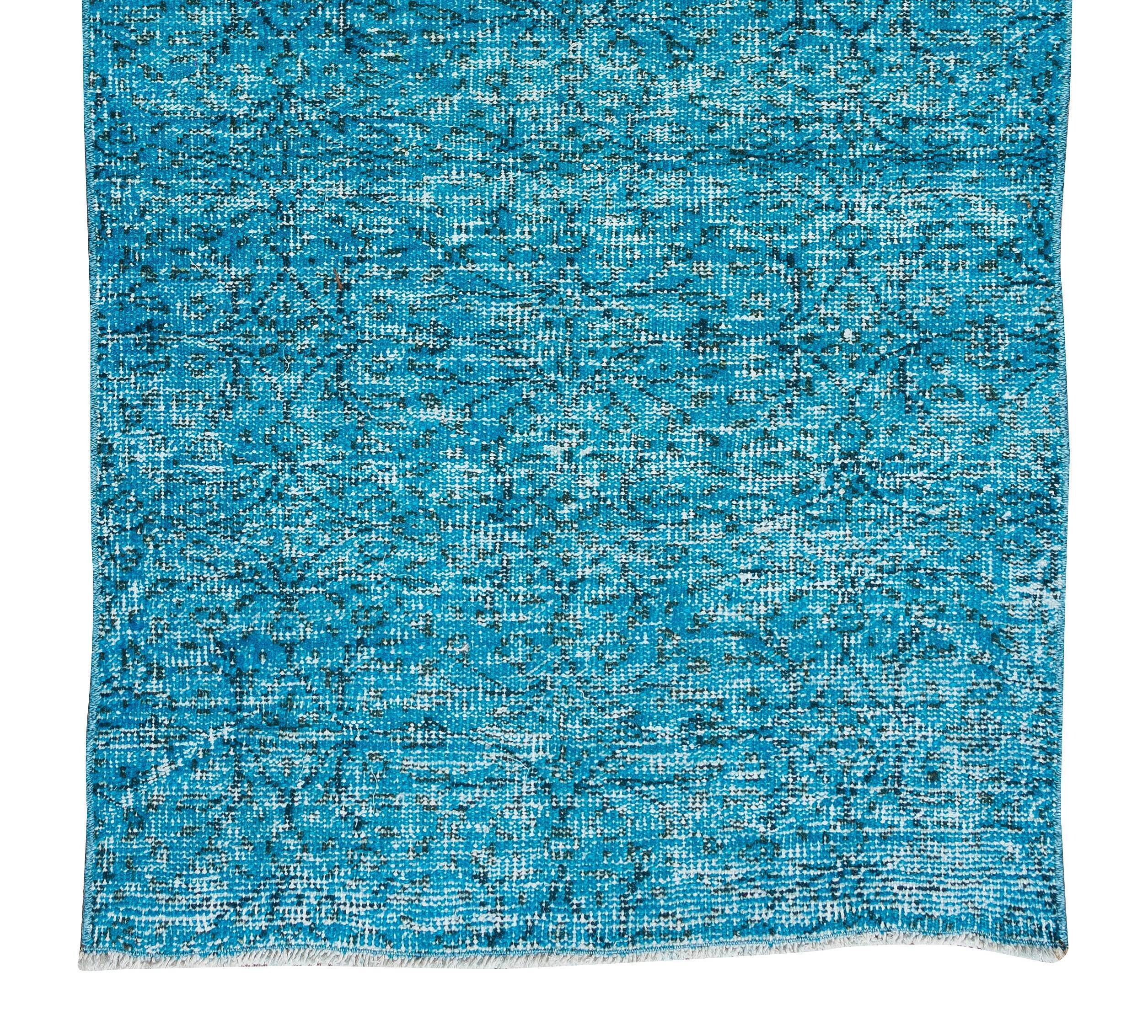 3x6 ft handmade vintage turkish rug over-dyed in teal, ideal 4 modern interiors