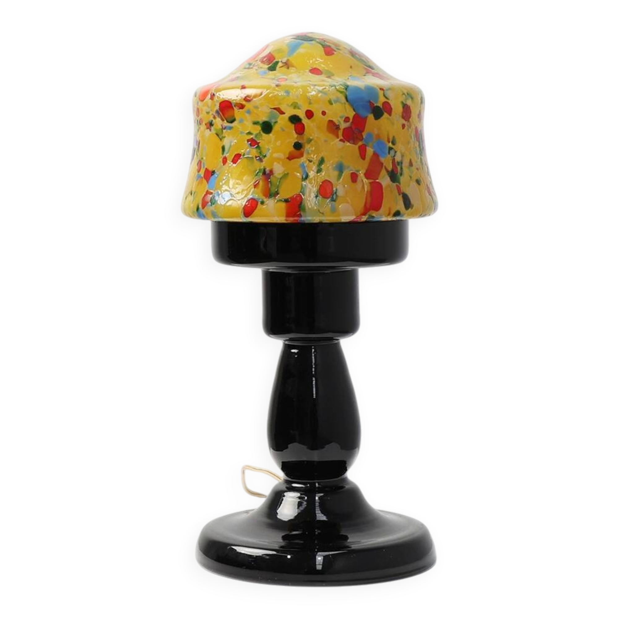 French Art Deco Table Lamp with Multicolored Spatter Glass Shade and Black