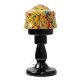 Lampe de table Art Déco française avec abat-jour en verre éclaboussé multicolore et noir.