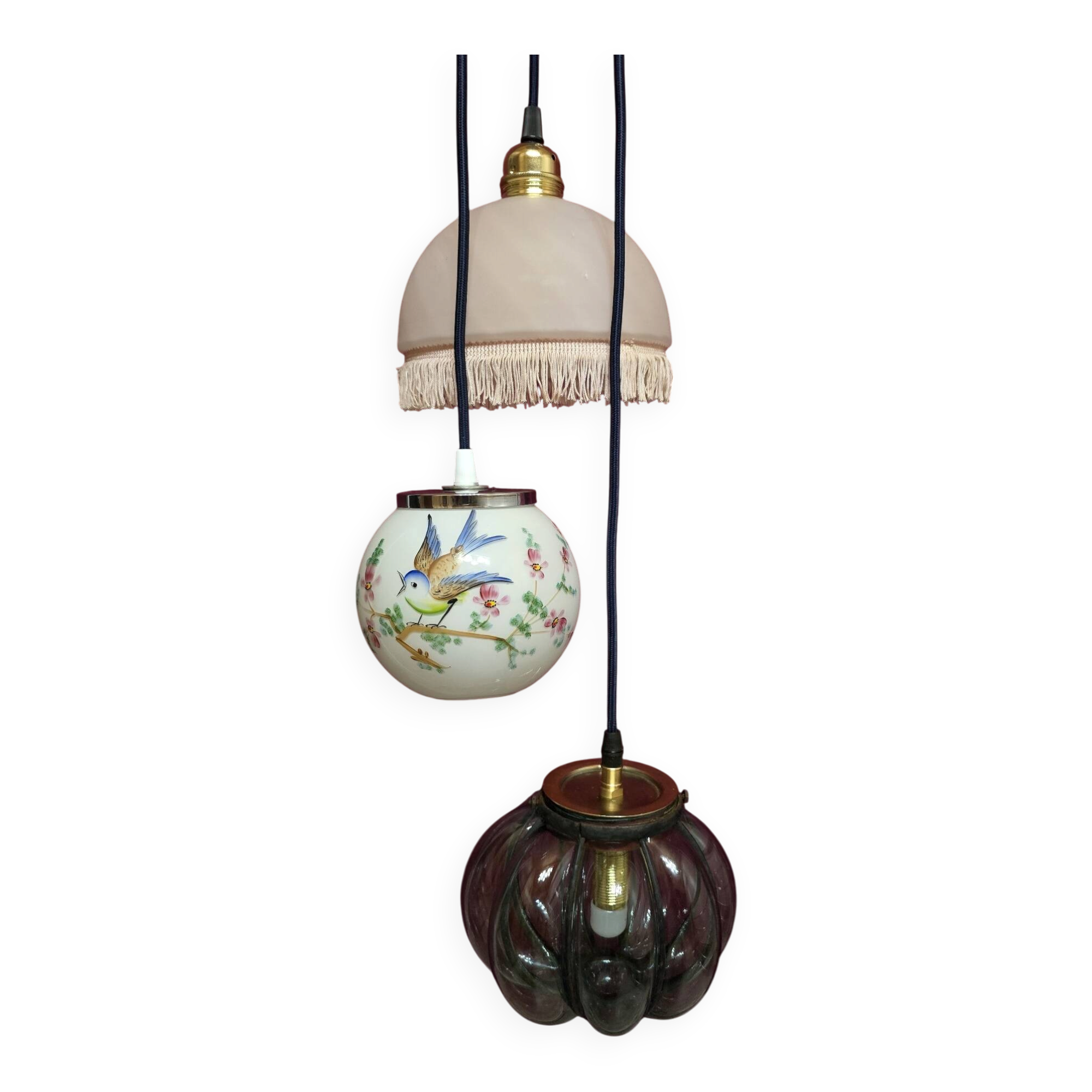 Suspension cascade triple globes anciens verre et opaline