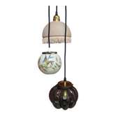 Suspension cascade triple globes anciens verre et opaline