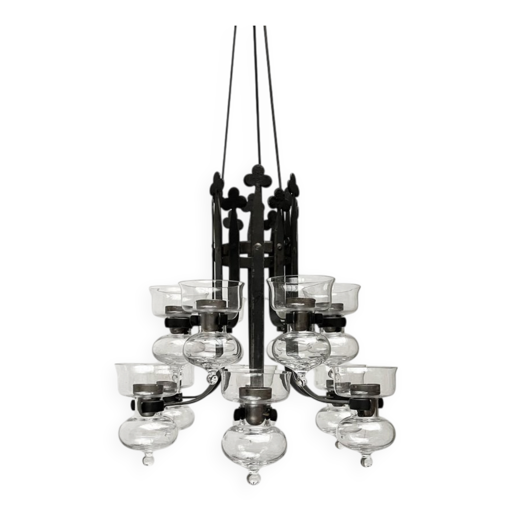 Lustre suédois mi-siècle en fer forgé et verre par Bertil Vallien et Axel Strömberg pour Kosta Boda et Bolin Smide, années 1960